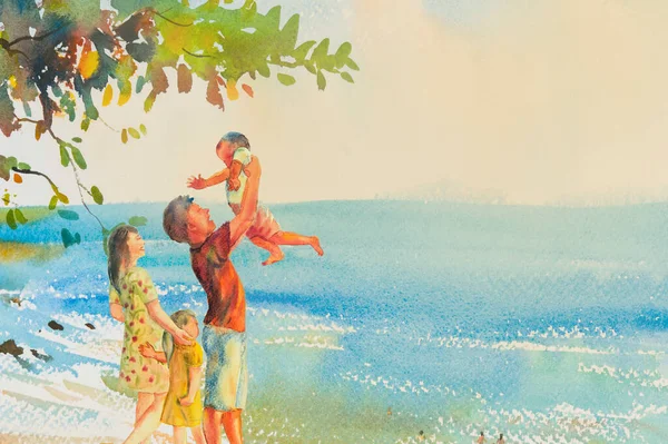 Akvarell Ursprungliga Havsbild Målning Färgglada Familjen Stranden Och Sommarsemester Glad — Stockfoto