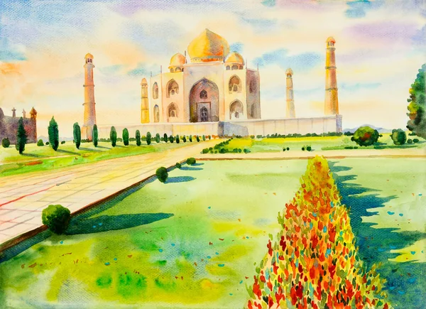 Akwarela Malarstwo Krajobraz Stanowiska Archeologicznego Taj Mahal Widok Kwiatami Ogród — Zdjęcie stockowe