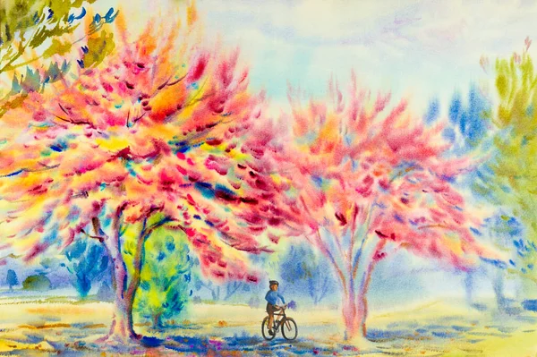 Painting watercolor landscape original pink red colors of Wild himalayan cherry flowers,with soft color,and woman cycling, exercise morning. Hand painted, blue sky cloud background,beauty nature winter season.