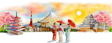 Japonya 'da Asya' nın ünlü simgelerini dolaş. Şemsiyeli geleneksel Japon kimonosu giyen bir kadın. Güneş alan arkaplanındaki suluboya resim çizimi, popüler turistik cazibe.