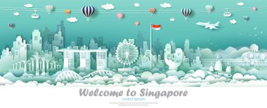 Singapur bayrağı, Singapur şehir merkezindeki Vector Illustrasyon turu marina körfezi kum ve modern binadaki Travel Skyline Singapur mimari kültürü balonla, yelkenliyle, uçakla ve teleferikle seyahat..