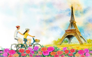 Paris seyahatleri, Avrupa şehir manzarası, Fransa Eyfel Kulesi ve çift gül bahçesinde bisiklet turizmine bayılıyor. Modern sanat, suluboya resimleme, Sevgililer Günü, tebrik kartları..
