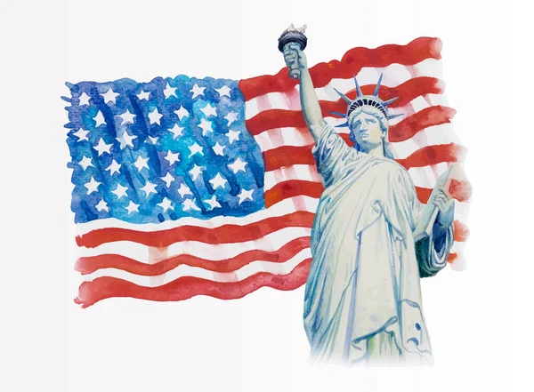 Estátua Liberdade Bandeira Americana Mão Desenhada Fundo Branco Aquarela Pintura —  Vetores de Stock