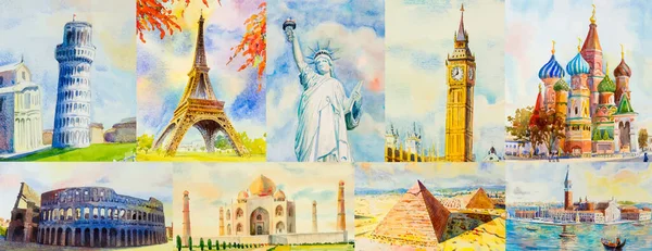 环游世界 游览世界 世界著名的地标汇集在一起 水彩画在纸上与旅游有关的图画 用于旅游海报和明信片的广告 — 图库矢量图片