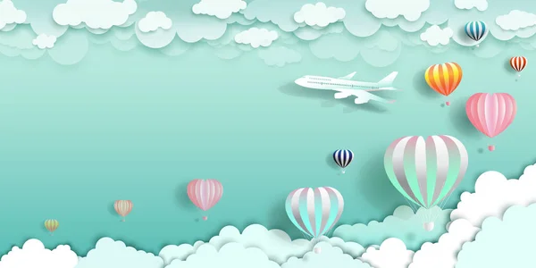 Travel Happy Balloons Airplane Cloud Vector Illustration Wallpaper Flyer Invitation — Stock Vector