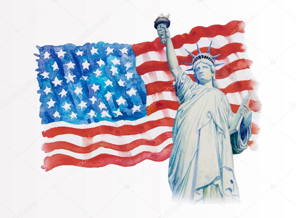 Statue Liberty on flag american- hand drawn in white background. Watercolor painting of symbol famous landmarks of world, business city, Hand painted illustration, copy space