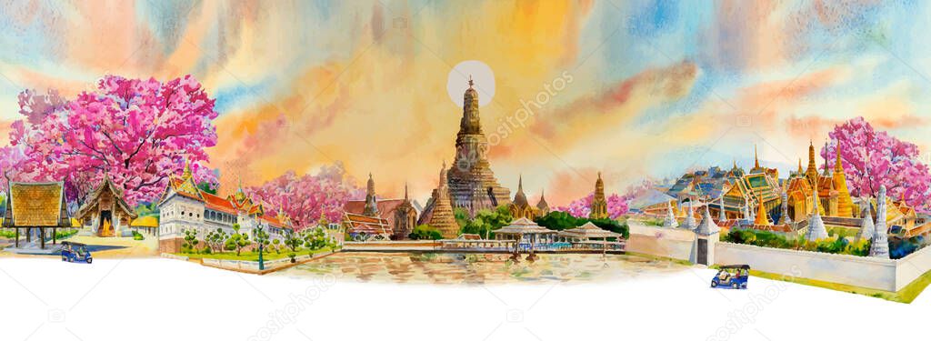 Panorama view famous landmarks Bangkok and Chiang mai in Thailand. Watercolor painting landscape of tourism location beautiful in sky and sun background. Painted illustration, landmark of Asia.