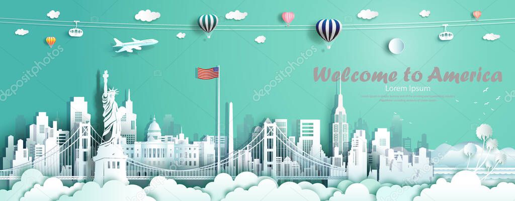Travel landmarks United States of America famous monument architecture skyline, Tour landmark to golden gate bridge and statue of liberty with panorama, Traveling architecture sculpture world, Vector.