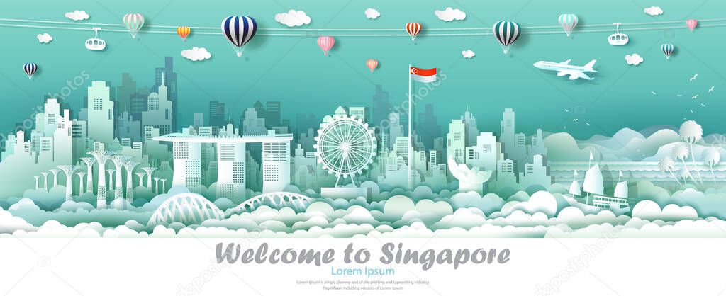 Vector illustration tour downtown singapore with singapore flag, Travel skyline singapore architecture culture at marina bay sand and modern building, Travel by balloon, sailboat, plane and cable car.