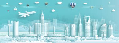 Turkuaz arka planda uçak ve gondolla Suudi Arabistan 'a seyahat, turizm panorama popüler şehri, tarihi yapılar, modern mimari, Vector illüstrasyonu.