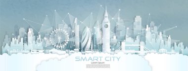 Teknoloji kablosuz ağ iletişimi Avrupa 'nın İngiltere şehir merkezindeki mimarisi ile akıllı şehir mavi doku arka planı, Vector illüstrasyonu fütürist yeşil şehir ve panorama manzarası.