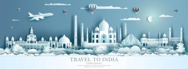 Su yansıması olan eski ve modern binalarla Hindistan 'ı dolaşın. İş gezisi posteri ve kartpostal. Mimari şehir manzarası geçmişi olan Asya 'nın simgelerine seyahat etmek. Vektör illüstrasyonu.