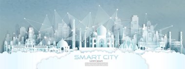 Teknoloji, kablosuz ağ iletişimi, Asya 'nın Hindistan' daki mimarisi, gökdelen, mavi doku arka planı, Vector illüstrasyon, fütürist yeşil şehir ve panorama manzaralı akıllı şehir..