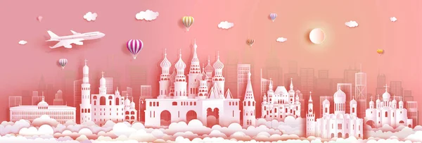 游览俄罗斯是世界上最有名的壁纸建筑象征 粉红色彩背景的现代设计 带纸质图片说明的欧洲苔藓地标 明信片矢量图片说明 — 图库矢量图片