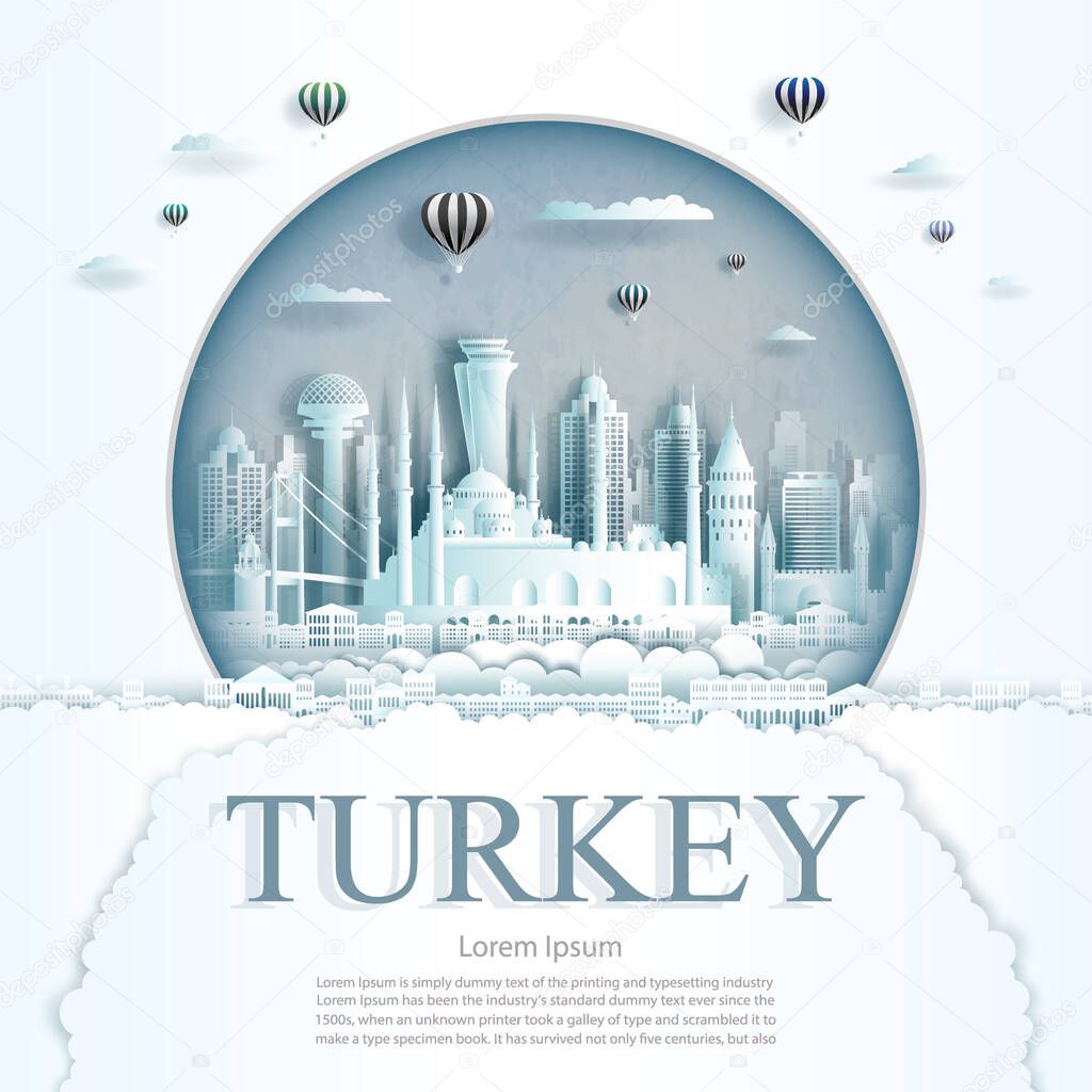 Travel Turkey monument with ancient and city modern building in circle background. Business tour for poster and postcard.Travel landmarks of europe ancient architecture cityscape. Vector illustration