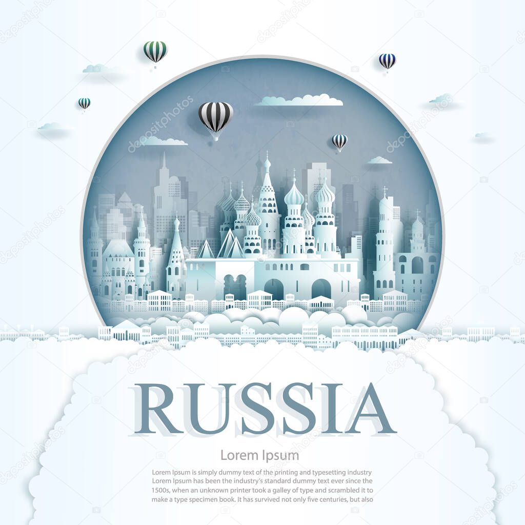 Travel Russia monument with ancient and city modern building in circle background. Business travel poster and postcard.Travel landmarks of europe ancient architecture cityscape. Vector illustration