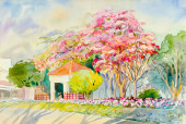 Картина, постер, плакат, фотообои "watercolor painting original landscape pink color of wild himalayan cherry flowers in sky and cloud background. ", артикул 391507516