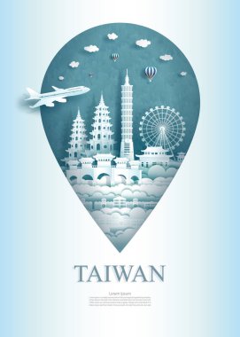 Çin Tayvan 'da antik ve şehir modern yapısıyla birlikte Asya' da bir anıt broş gezisi. İş için seyahat posteri ve kartpostal. Asya 'nın turistik yerleri. Vektör illüstrasyon iğne noktası sembolü.