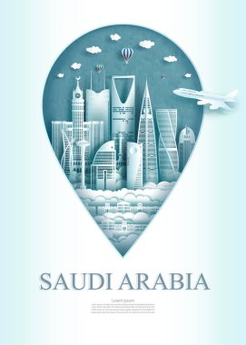 Asya 'nın tarihi tarihi anıtı Suudi Arabistan' ın seyahat simgesi. Çengelli arka planda modern ve antik riyad. İş için Asya 'nın seyahat posteri ve kartpostalı. Vektör illüstrasyon iğne noktası sembolü.