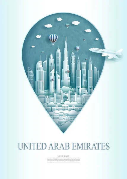 Travel landmark United Arab Emirates monument architecture modern of Abu Dhabi in pin marker background. Travel poster and postcard modern architecture of asia. Vector illustration pin point symbol.