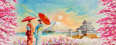 Geleneksel Japon kimonosu giyen Asyalı kadın. Japonya 'nın ünlü simgelerinden biri. Suluboya resimli Fuji Dağı, bahar çiçekleri gökyüzü arka planında, popüler gezi turu.