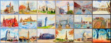 Dünyayı ve manzarayı gezen dünya mimari seti. Avrupa 'nın ünlü simgesi bir araya geldi. Suluboya el resimlerini kağıda kartpostal, reklam ve turizm ile çizdi..