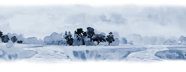 美しい自然の冬の季節に 霧の空の雲の背景と川や山の森の水の色の風景画パノラマビューの青の色 塗装印象派 イラスト画像 — ストック写真