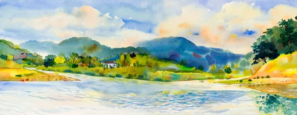Watercolor Landscape Painting Panorama View Colorful River Mountain Forest Sky — Stock Photo, Image