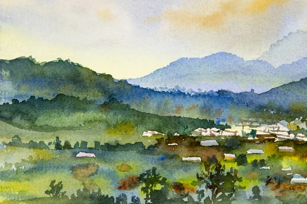 Watercolor Landscape Painting Colorful Village Mountain Meadow Panorama View Emotion — Stock Photo, Image