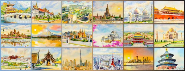 アジアの有名なランドマーク建築文化を旅行してください グループセットと背景と水彩画の風景画イラスト ポスター ポストカードで人気の観光名所祭り — ストック写真