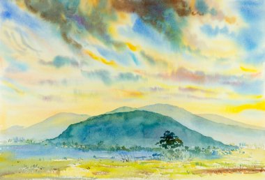 Orijinal suluboya, rengarenk manzara resmi, illüstrasyon, dağ, orman, dağ sıraları