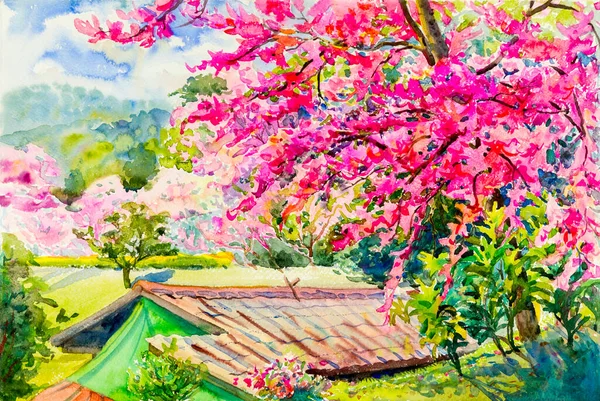 山の中の野生のヒマラヤンの桜の色彩と青の背景の感情の水彩画のオリジナル絵画 — ストック写真