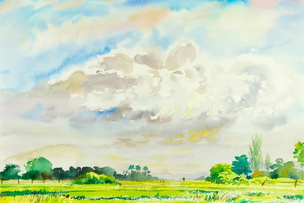 Akwarela Krajobraz Oryginalny Obraz Kolorowy Pola Ryżu Chmury Góry Emocji — Zdjęcie stockowe