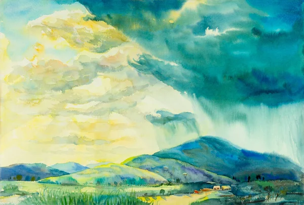 Watercolor Landscape Original Painting Colorful Sunny Rain Mountain Emotion Cloud — Stock Photo, Image