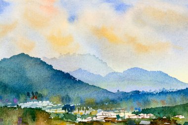 Suluboya manzara köy renkleri, Panorama manzarası ve kırsal kesimde dağ ve çayır renkleri, gökyüzü arka planında doğa. Asya 'da elle boyanmış yarı soyut çizimler.