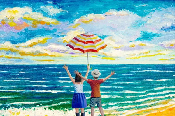 海滩上快乐的男人和女人五彩缤纷的油画彩绘在帆布上 彩绘着美丽的海滩波浪 大海蓝天 云彩背景 印象派绘画图解 — 图库照片