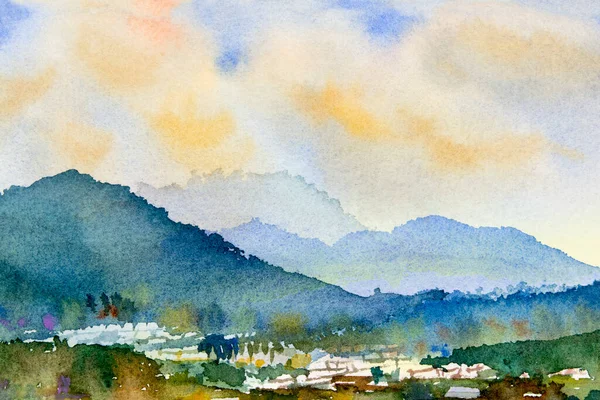 Watercolor landscape painting colorful of village, mountain and meadow in the Panorama view and emotion rural society, nature spring in sky background. Hand painted semi abstract illustration in Asia.