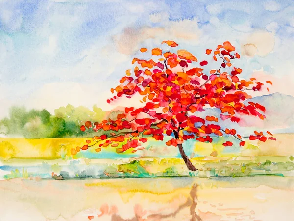 水彩画色彩斑斓的自然美景 红花树和山林 在自然春天里有着天空的云彩背景 印象派绘画 插图形象 — 图库照片