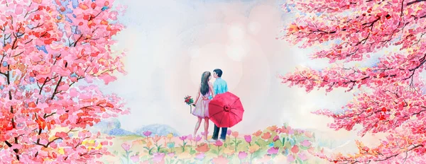 深红色的野黑木兰樱桃在早上与男人和女人在花园美丽的背景 手绘美丽的大自然春天季节 水彩画风景或壁纸 明信片 — 图库照片