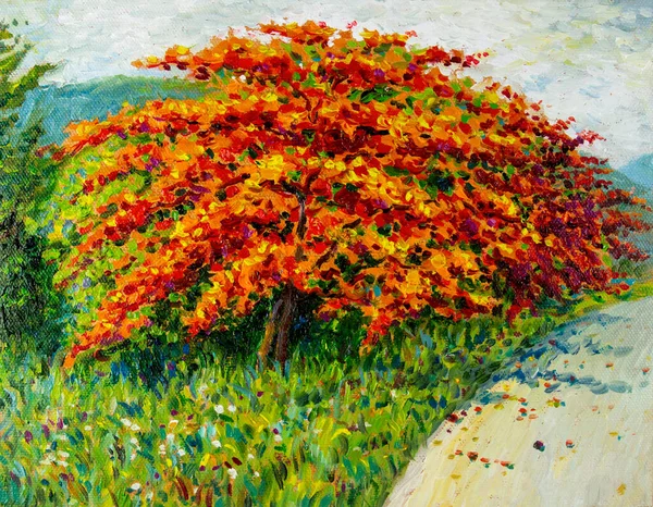 Abstract Olieverfschilderij Landschap Originele Rode Oranje Kleur Van Peacock Bloemen — Stockfoto