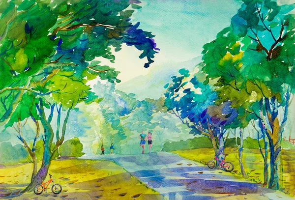 Aquarell Landschaft Ursprüngliche Malerei Bunt Von Morgentraining Jogging Und Radfahren — Stockfoto