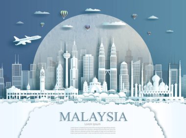 Kuala Lumpur 'daki Malezya anıtını gezin. Çember desenli modern bina. İş gezisi posteri ve kartpostal. Asya modern mimari şehir manzarası simgeleri. Vektör illüstrasyonu