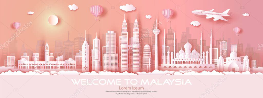 Travel malaysia top world famous city modern and ancient architecture. Tour malaysia landmark of asia with paper origami. Modern business brochure design on pink color background.Vector illustration.