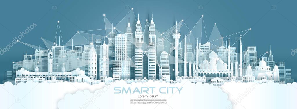 Technology wireless network communication smart city with architecture in Malaysia at Asia downtown skyline for design banner technology, Vector illustration futuristic green city and panorama view.