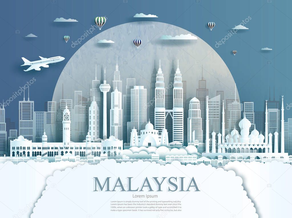 Travel Malaysia monument in Kuala Lumpur city modern building in circle texture background. Business travel poster and postcard.Travel landmarks asia modern architecture cityscape. Vector illustration