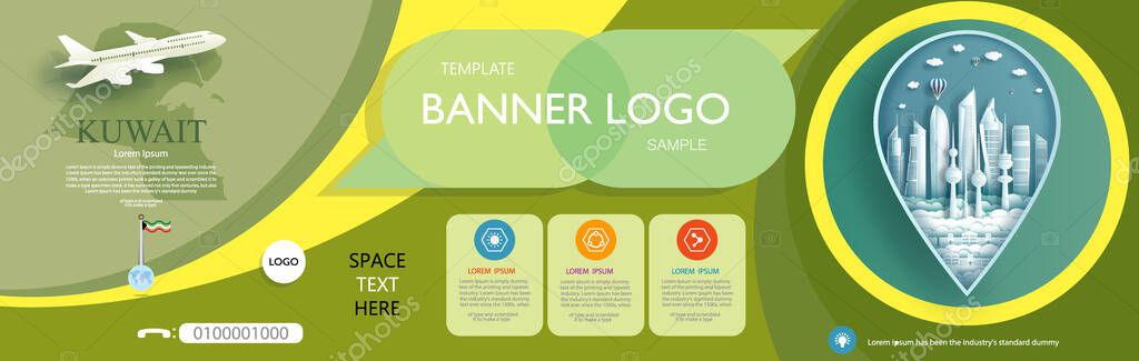 Travel poster vector template design with promotion text for presentation of Kuwait brochure world famous landmarks and tourist destinations elements in colorful background. Vector illustration.
