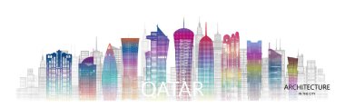 Katar 'daki modern mimari gökdelenleri Asya' nın renkleriyle dolu. Katar mimari turu, beyaz arka planda ünlü Doha kenti olarak anılır. Panoramik popüler başkenti olan Katar turu.