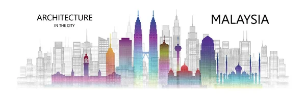 Modern architecture cityscape skyscraper Malaysia of asia colorful art. Travel Malaysia architecture landmarks in Kuala Lumpur famous city of Asia on white background. Travel panorama popular capital.