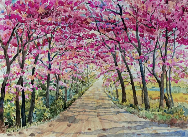 Pintura Aquarela Paisagem Rosa Vermelho Cor Túnel Wild Himalaia Cereja — Fotografia de Stock