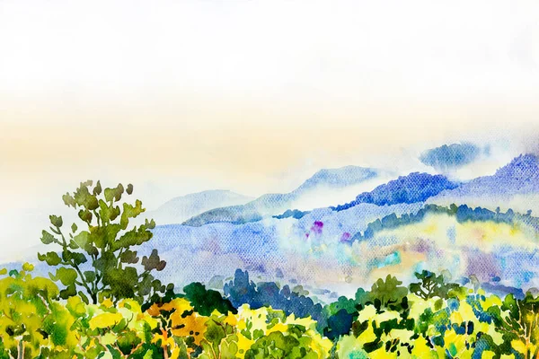 Aquarela Paisagem Pinturas Colorido Gama Montanhas Nuvem Céu Fundo Abstrato — Fotografia de Stock